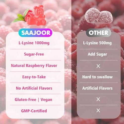 Saajoor L-Lysin 1000mg Gummis – Vegane Aminosäure für Immunsystem & Hautgesundheit, Himbeergeschmack, 60 Gummis