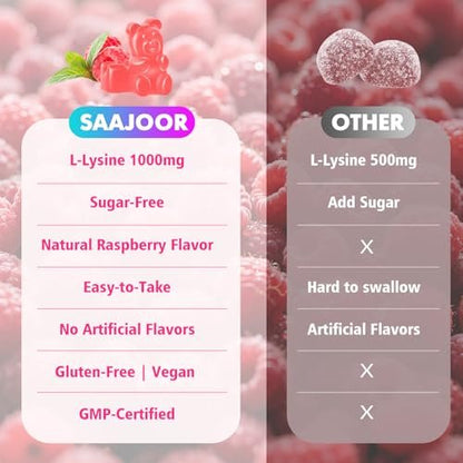 Saajoor L-Lysin 1000mg Gummis – Vegane Aminosäure für Immunsystem & Hautgesundheit, Himbeergeschmack, 60 Gummis