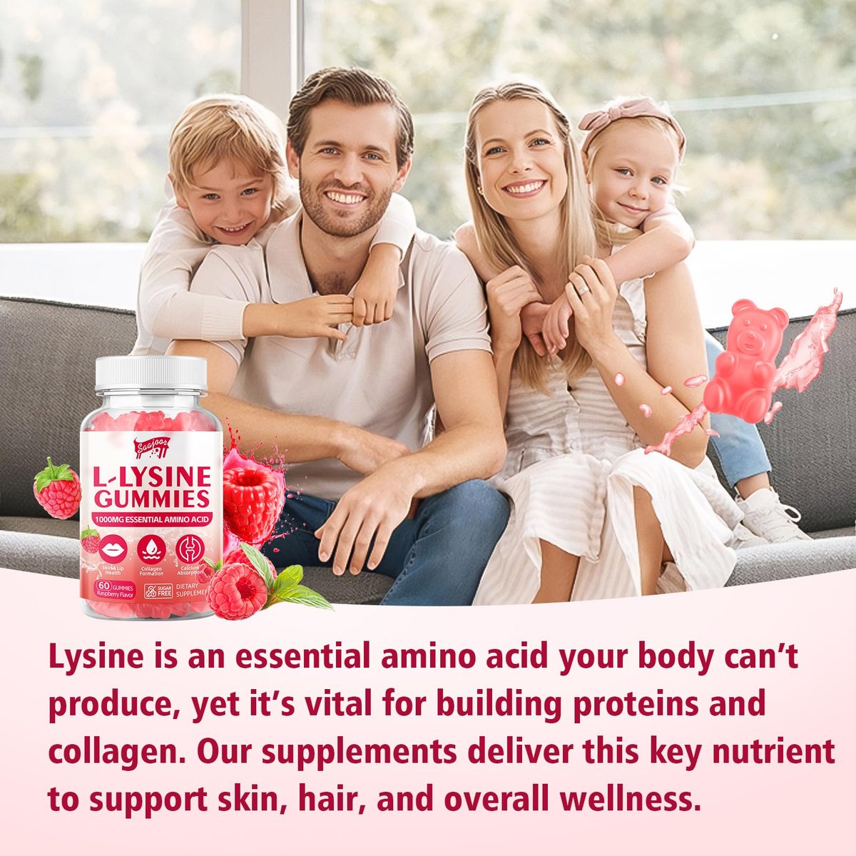 Saajoor L-Lysin 1000mg Gummis – Vegane Aminosäure für Immunsystem & Hautgesundheit, Himbeergeschmack, 60 Gummis