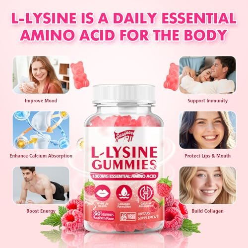 Saajoor L-Lysin 1000mg Gummis – Vegane Aminosäure für Immunsystem & Hautgesundheit, Himbeergeschmack, 60 Gummis