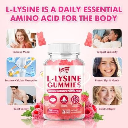 Saajoor L-Lysin 1000mg Gummis – Vegane Aminosäure für Immunsystem & Hautgesundheit, Himbeergeschmack, 60 Gummis