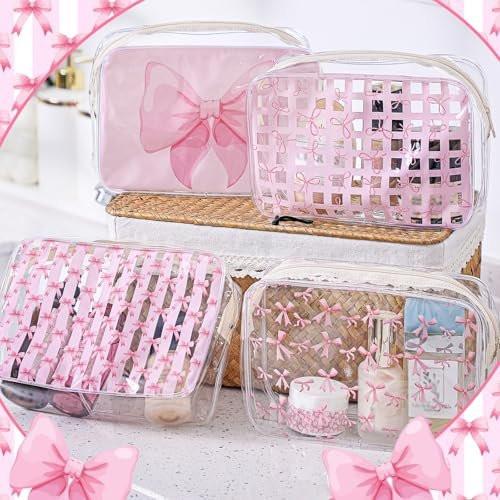 Sunnymove 12er-Set Rosa Schleifen Make-up Taschen Bulk für Frauen – Klare PVC Coquette Kulturbeutel mit Reißverschluss, Reisekosmetiktasche, Rosa Schleifen Geschenke zum Geburtstag, Coquette Party Bevorzugung Aufbewahrungszubehör