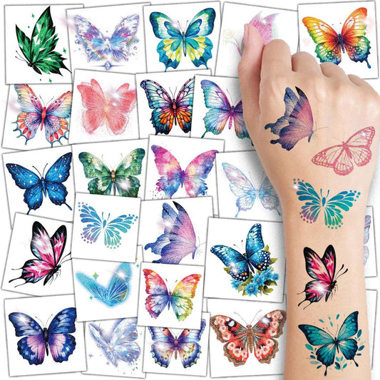 CHARLENT Glitzer-Schmetterling temporäre Tattoos für Kinder - 74 einzeln verpackte Aquarell-Schmetterling-Tattoos für Kindergeburtstagsdekoration