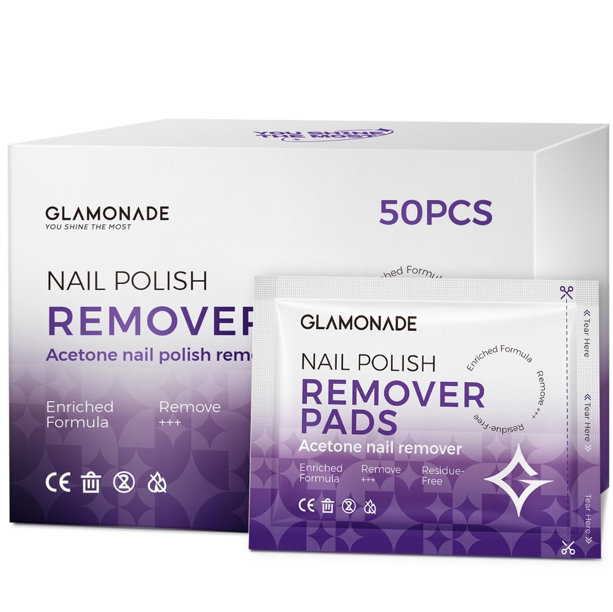 Glamonade Nagellackentferner Pads: 50er Pack Bulk Set Aceton Nagellackentferner Tücher einzeln verpackt – Schnelle Entfernung von Gellack & Fingernagellack Reiseset für Zuhause & Salon