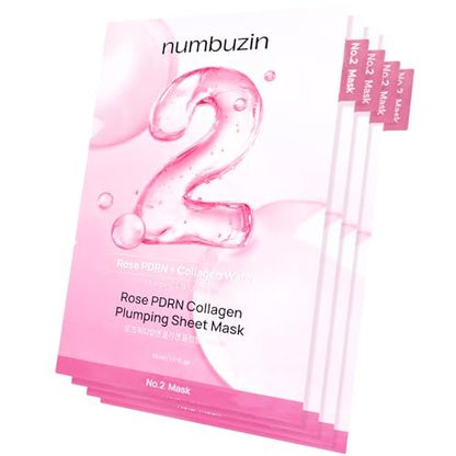 numbuzin No.2 Sheet Mask | Rose PDRN Kollagen-Plumping-Gesichtsmaske | Koreanische Maske für das Gesicht | Aufhellend, Feuchtigkeitsspendend, Straffend und Pflegend | Kollagen, Peptide, PDRN | 4 Stück