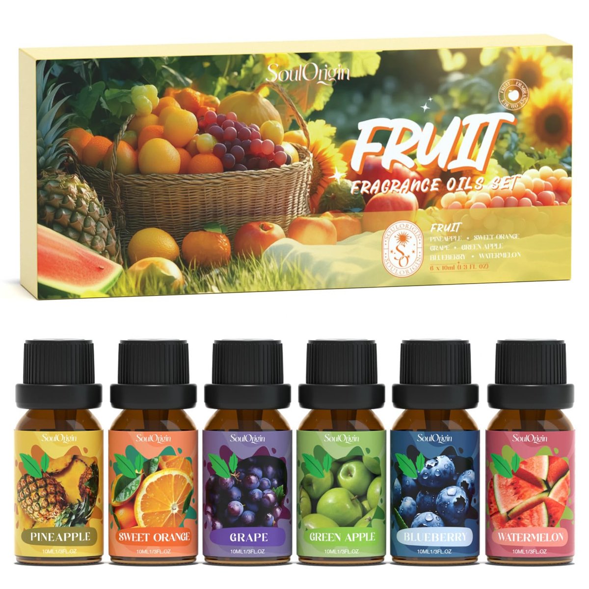 Soulorigin Fruchtige Ätherische Öle Set, Duftöl Set für Diffuser, Aroma Diffuser Öl für Kerzenherstellung - Ananas, Süße Orange, Traube, Grüner Apfel, Blaubeere, Wassermelone
