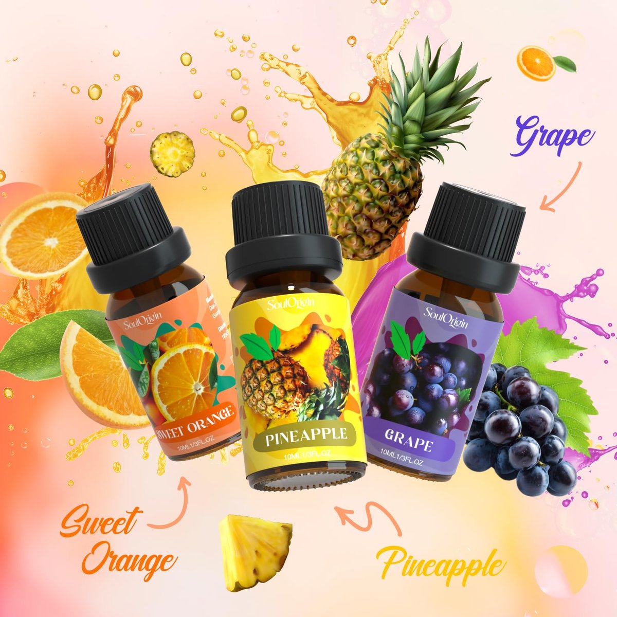 Soulorigin Fruchtige Ätherische Öle Set, Duftöl Set für Diffuser, Aroma Diffuser Öl für Kerzenherstellung - Ananas, Süße Orange, Traube, Grüner Apfel, Blaubeere, Wassermelone