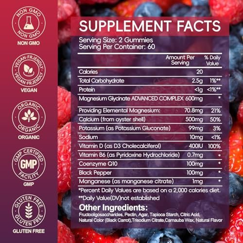 Magnesium Glycinat Gummies 600mg Hoch Absorption, Mangan Glycinat für Frauen und Männer mit Vitamin D, B6 und CoQ10 für Erwachsene & Kinder, Magnesium für Ruhe & Schlaf, 60-Tage-Vorrat