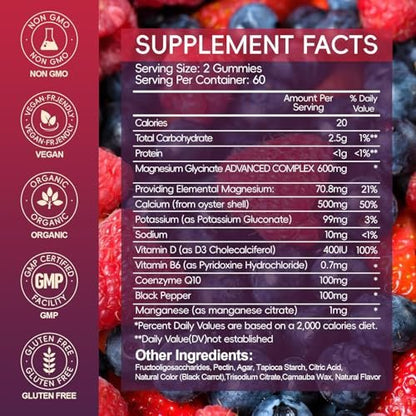 Magnesium Glycinat Gummies 600mg Hoch Absorption, Mangan Glycinat für Frauen und Männer mit Vitamin D, B6 und CoQ10 für Erwachsene & Kinder, Magnesium für Ruhe & Schlaf, 60-Tage-Vorrat