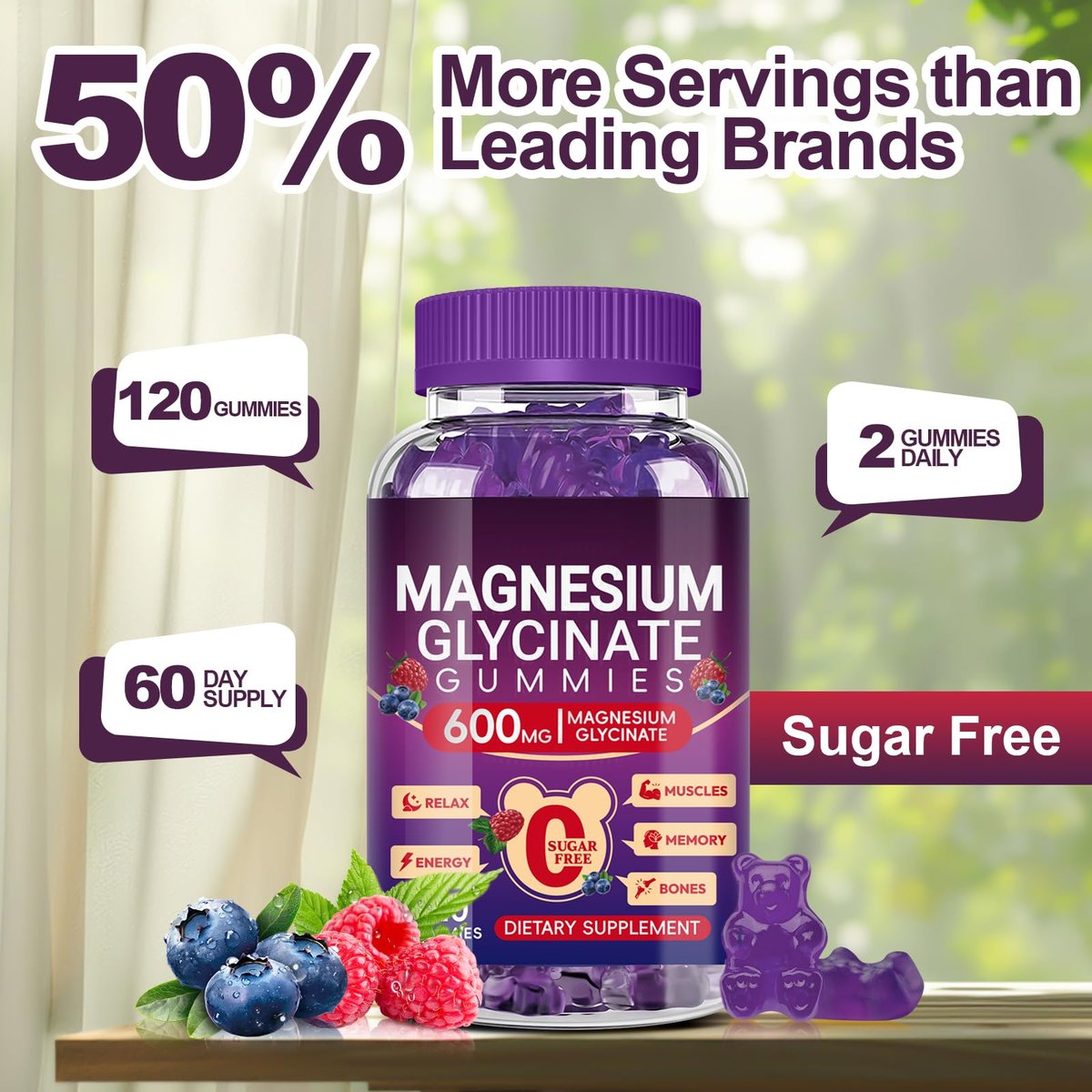 Magnesium Glycinat Gummies 600mg Hoch Absorption, Mangan Glycinat für Frauen und Männer mit Vitamin D, B6 und CoQ10 für Erwachsene & Kinder, Magnesium für Ruhe & Schlaf, 60-Tage-Vorrat