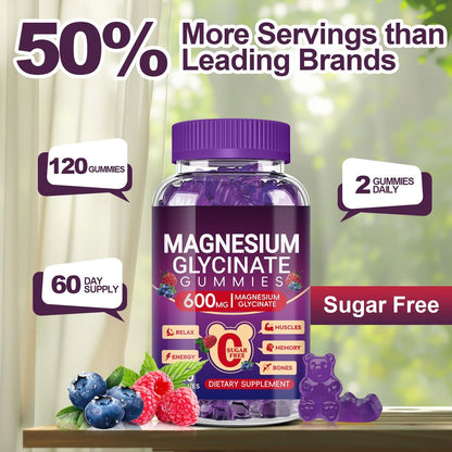 Magnesium Glycinat Gummies 600mg Hoch Absorption, Mangan Glycinat für Frauen und Männer mit Vitamin D, B6 und CoQ10 für Erwachsene & Kinder, Magnesium für Ruhe & Schlaf, 60-Tage-Vorrat