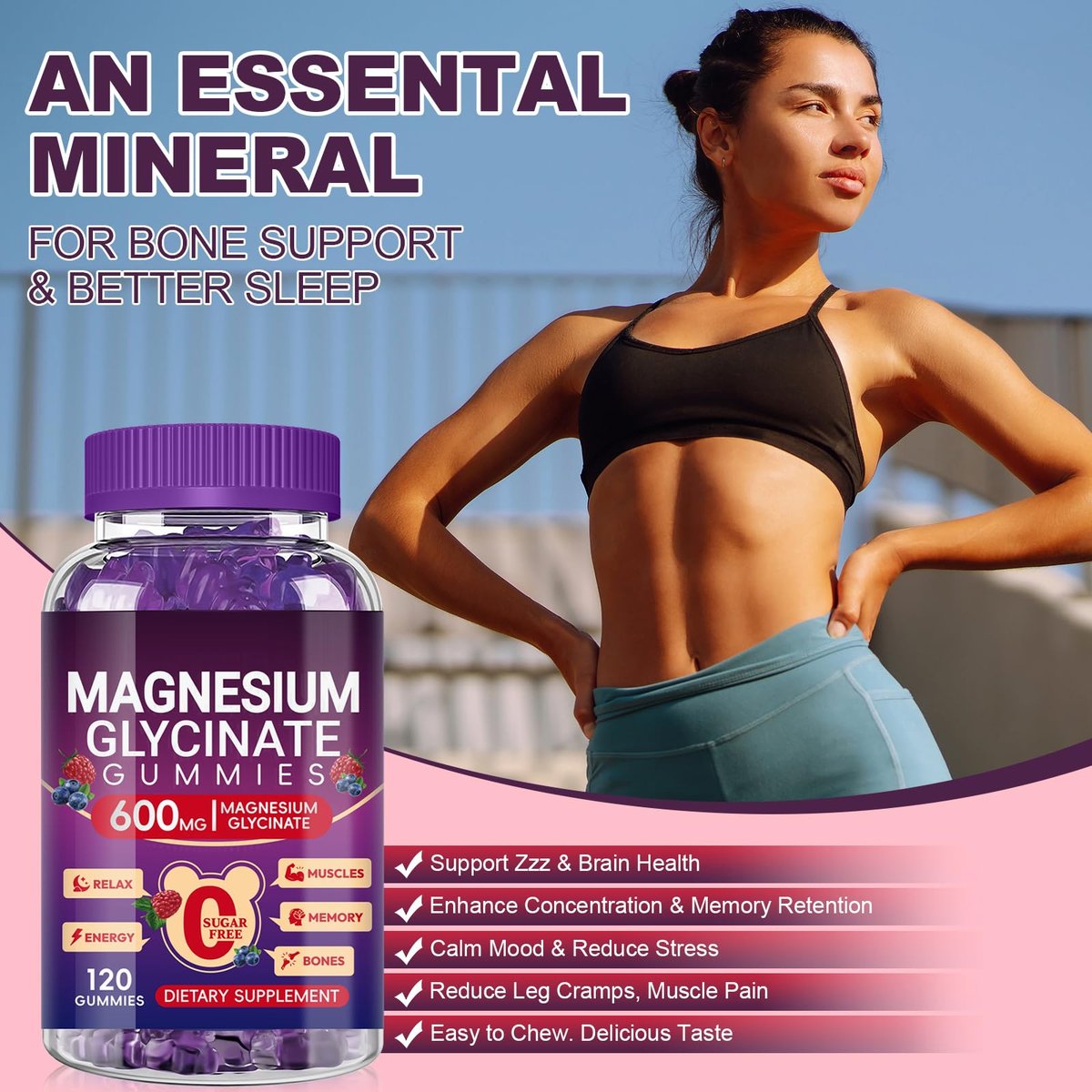 Magnesium Glycinat Gummies 600mg Hoch Absorption, Mangan Glycinat für Frauen und Männer mit Vitamin D, B6 und CoQ10 für Erwachsene & Kinder, Magnesium für Ruhe & Schlaf, 60-Tage-Vorrat