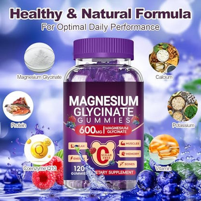 Magnesium Glycinat Gummies 600mg Hoch Absorption, Mangan Glycinat für Frauen und Männer mit Vitamin D, B6 und CoQ10 für Erwachsene & Kinder, Magnesium für Ruhe & Schlaf, 60-Tage-Vorrat