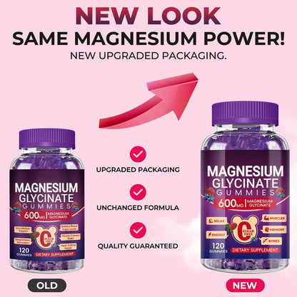 Magnesium Glycinat Gummies 600mg Hoch Absorption, Mangan Glycinat für Frauen und Männer mit Vitamin D, B6 und CoQ10 für Erwachsene & Kinder, Magnesium für Ruhe & Schlaf, 60-Tage-Vorrat