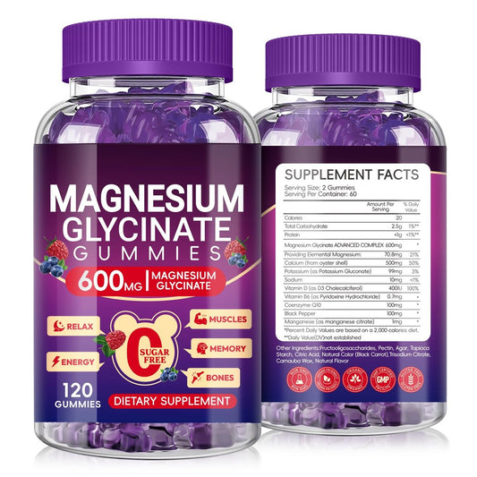 Magnesium Glycinat Gummies 600mg Hoch Absorption, Mangan Glycinat für Frauen und Männer mit Vitamin D, B6 und CoQ10 für Erwachsene & Kinder, Magnesium für Ruhe & Schlaf, 60-Tage-Vorrat