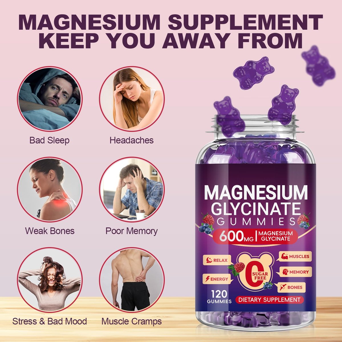 Magnesium Glycinat Gummies 600mg Hoch Absorption, Mangan Glycinat für Frauen und Männer mit Vitamin D, B6 und CoQ10 für Erwachsene & Kinder, Magnesium für Ruhe & Schlaf, 60-Tage-Vorrat