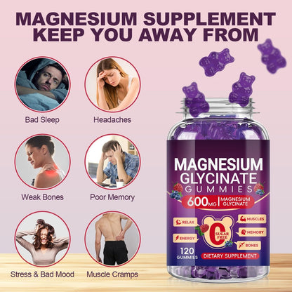 Magnesium Glycinat Gummies 600mg Hoch Absorption, Mangan Glycinat für Frauen und Männer mit Vitamin D, B6 und CoQ10 für Erwachsene & Kinder, Magnesium für Ruhe & Schlaf, 60-Tage-Vorrat