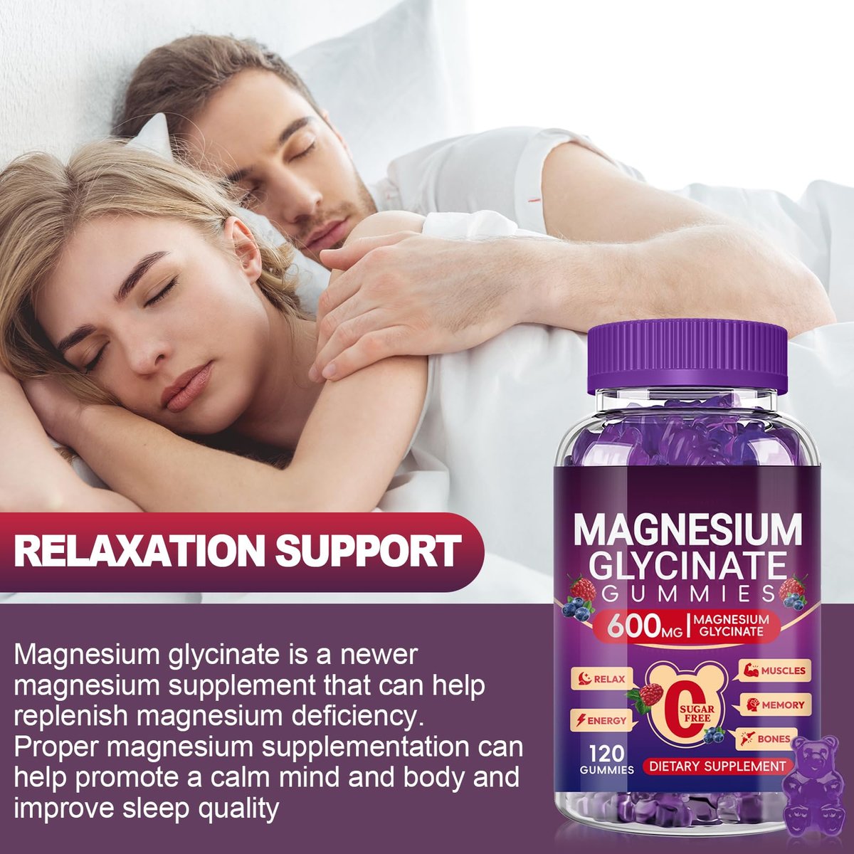 Magnesium Glycinat Gummies 600mg Hoch Absorption, Mangan Glycinat für Frauen und Männer mit Vitamin D, B6 und CoQ10 für Erwachsene & Kinder, Magnesium für Ruhe & Schlaf, 60-Tage-Vorrat