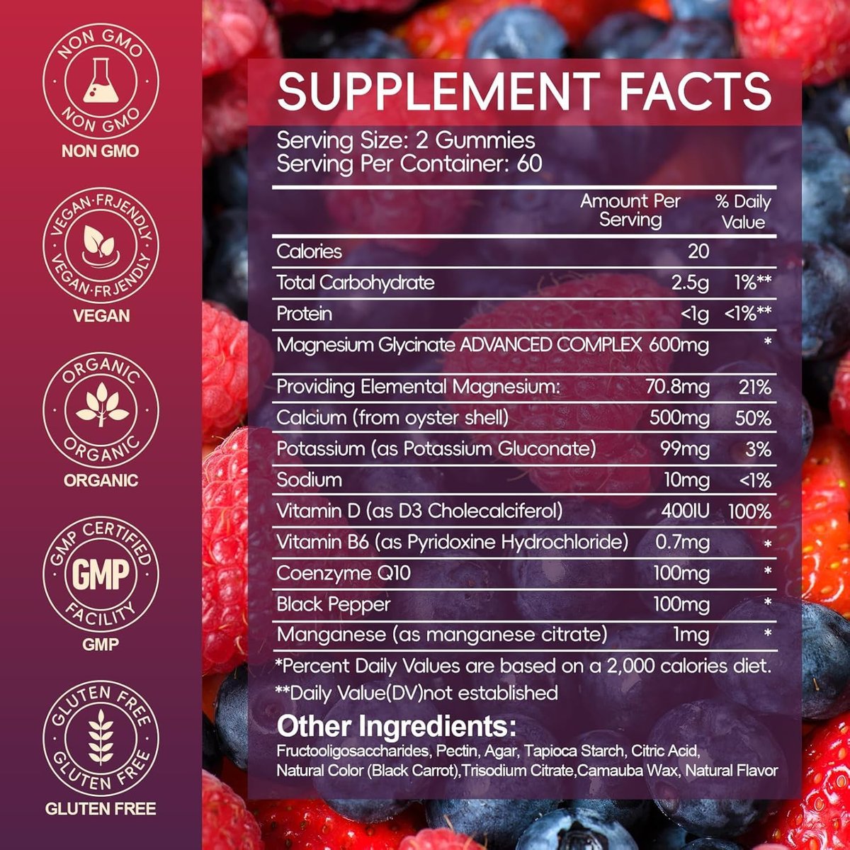 Magnesium Glycinat Gummies 600mg Hoch Absorption, Mangan Glycinat für Frauen und Männer mit Vitamin D, B6 und CoQ10 für Erwachsene & Kinder, Magnesium für Ruhe & Schlaf, 60-Tage-Vorrat