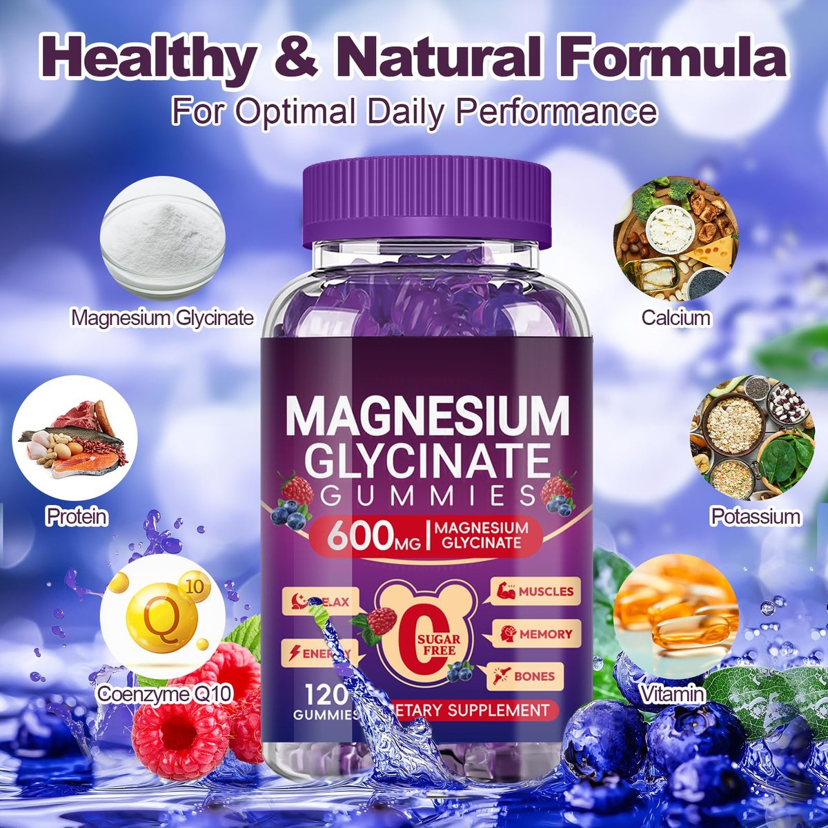 Magnesium Glycinat Gummies 600mg Hoch Absorption, Mangan Glycinat für Frauen und Männer mit Vitamin D, B6 und CoQ10 für Erwachsene & Kinder, Magnesium für Ruhe & Schlaf, 60-Tage-Vorrat
