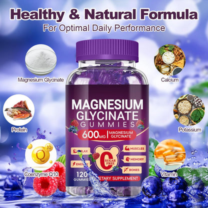 Magnesium Glycinat Gummies 600mg Hoch Absorption, Mangan Glycinat für Frauen und Männer mit Vitamin D, B6 und CoQ10 für Erwachsene & Kinder, Magnesium für Ruhe & Schlaf, 60-Tage-Vorrat