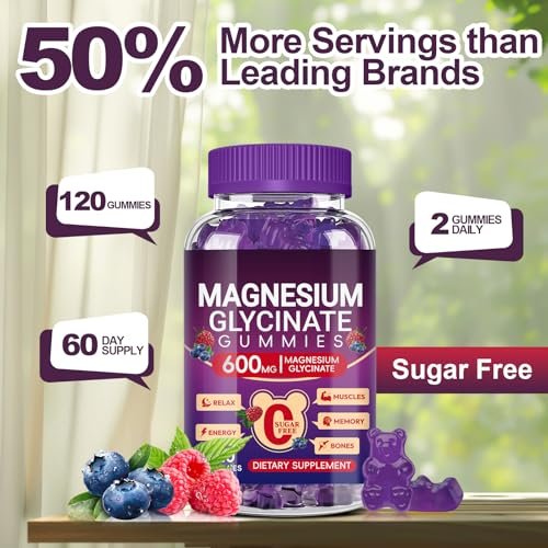 Magnesium Glycinat Gummies 600mg Hoch Absorption, Mangan Glycinat für Frauen und Männer mit Vitamin D, B6 und CoQ10 für Erwachsene & Kinder, Magnesium für Ruhe & Schlaf, 60-Tage-Vorrat