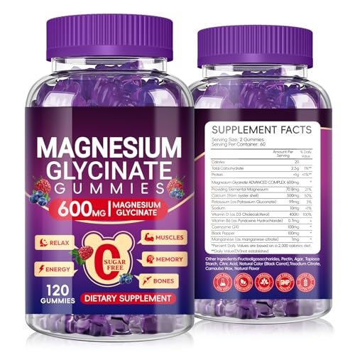 Magnesium Glycinat Gummies 600mg Hoch Absorption, Mangan Glycinat für Frauen und Männer mit Vitamin D, B6 und CoQ10 für Erwachsene & Kinder, Magnesium für Ruhe & Schlaf, 60-Tage-Vorrat