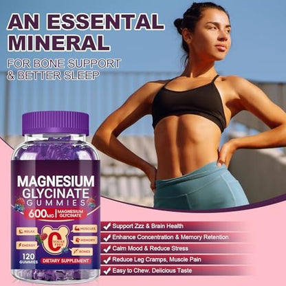 Magnesium Glycinat Gummies 600mg Hoch Absorption, Mangan Glycinat für Frauen und Männer mit Vitamin D, B6 und CoQ10 für Erwachsene & Kinder, Magnesium für Ruhe & Schlaf, 60-Tage-Vorrat