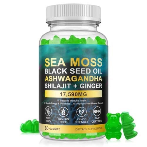LTQXGT Meeresalgen-Gummis mit Seemoos, Blasentang, Ashwagandha, Klettenwurzel – Energie- und Immununterstützung, 60 vegane Gummis
