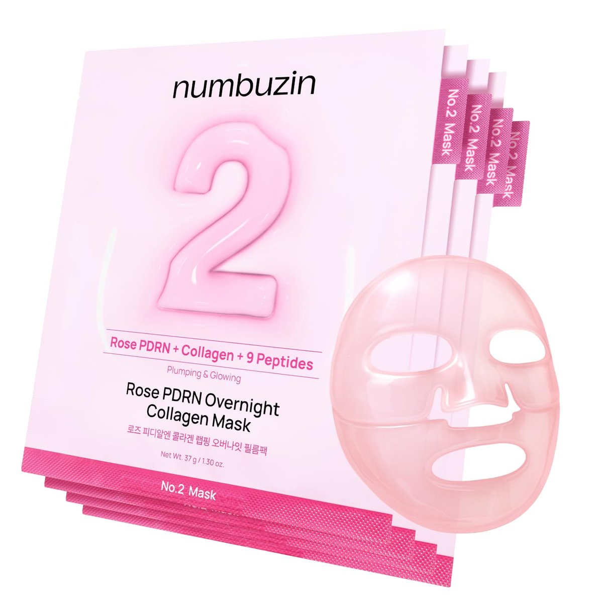 numbuzin No.2 Overnight Face Mask – Rose PDRN Kollagen-Maske für Glass Skin, Feuchtigkeit, Festigkeit, verfeinerte Poren, 37g (4er-Pack)