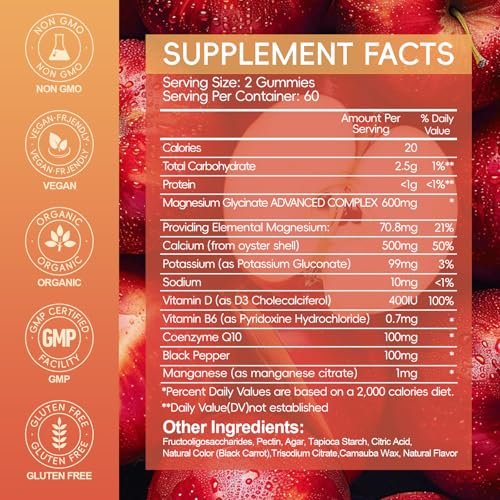 Magnesium Glycinate Gummies 600mg, Zuckerfrei Apfel – 120 Stück