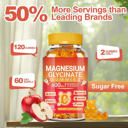 Magnesium Glycinate Gummies 600mg, Zuckerfrei Apfel – 120 Stück