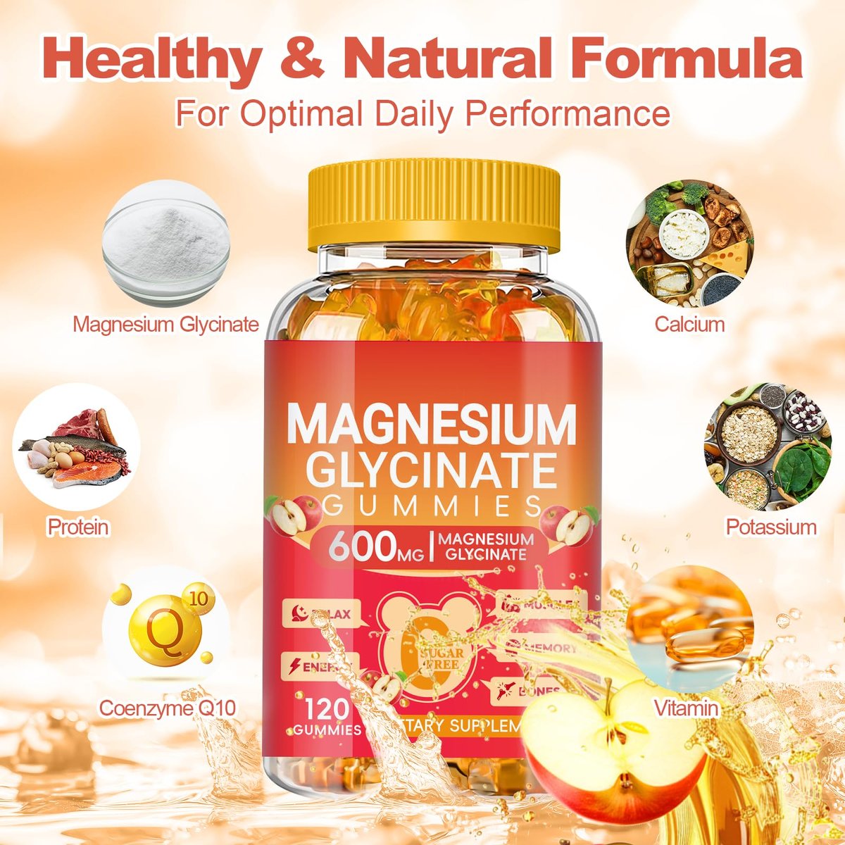 Magnesium Glycinate Gummies 600mg, Zuckerfrei Apfel – 120 Stück