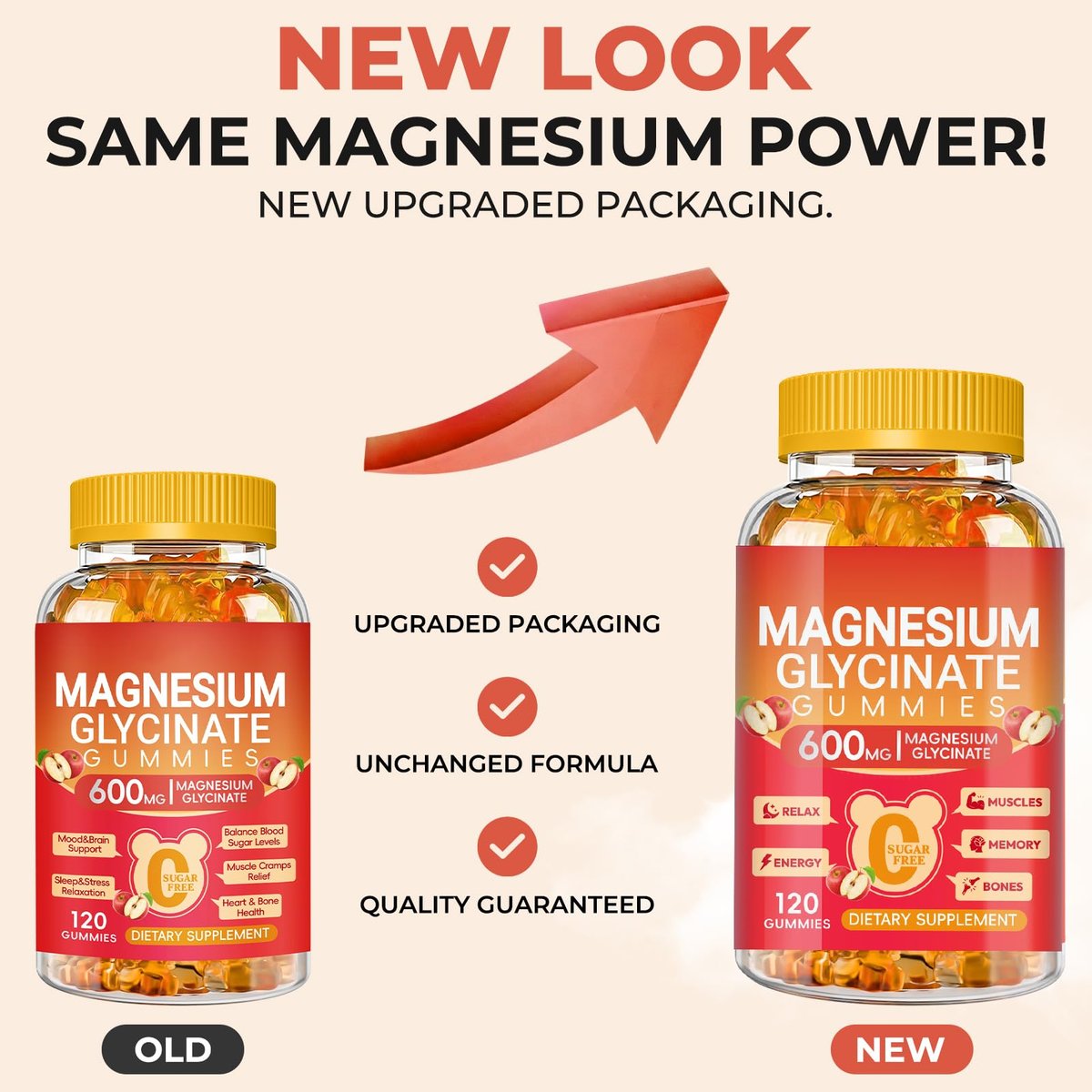 Magnesium Glycinate Gummies 600mg, Zuckerfrei Apfel – 120 Stück