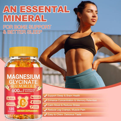 Magnesium Glycinate Gummies 600mg, Zuckerfrei Apfel – 120 Stück