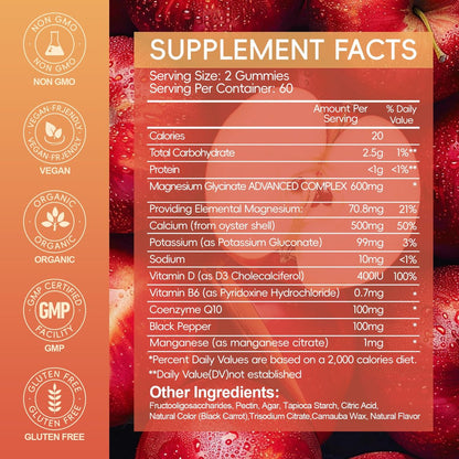 Magnesium Glycinate Gummies 600mg, Zuckerfrei Apfel – 120 Stück