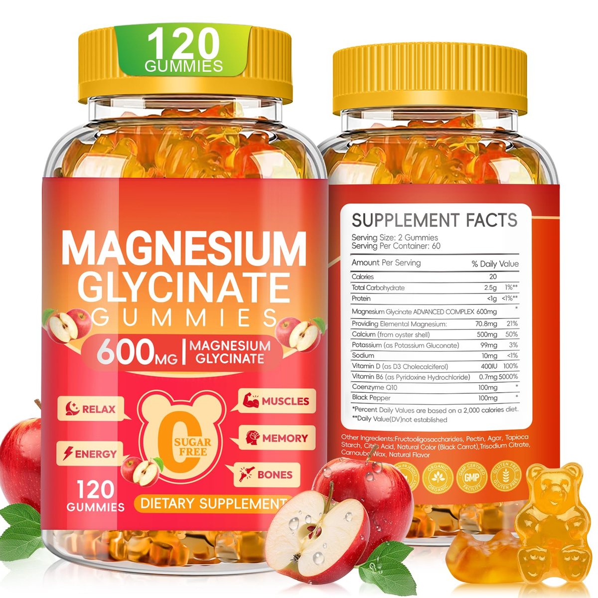 Magnesium Glycinate Gummies 600mg, Zuckerfrei Apfel – 120 Stück