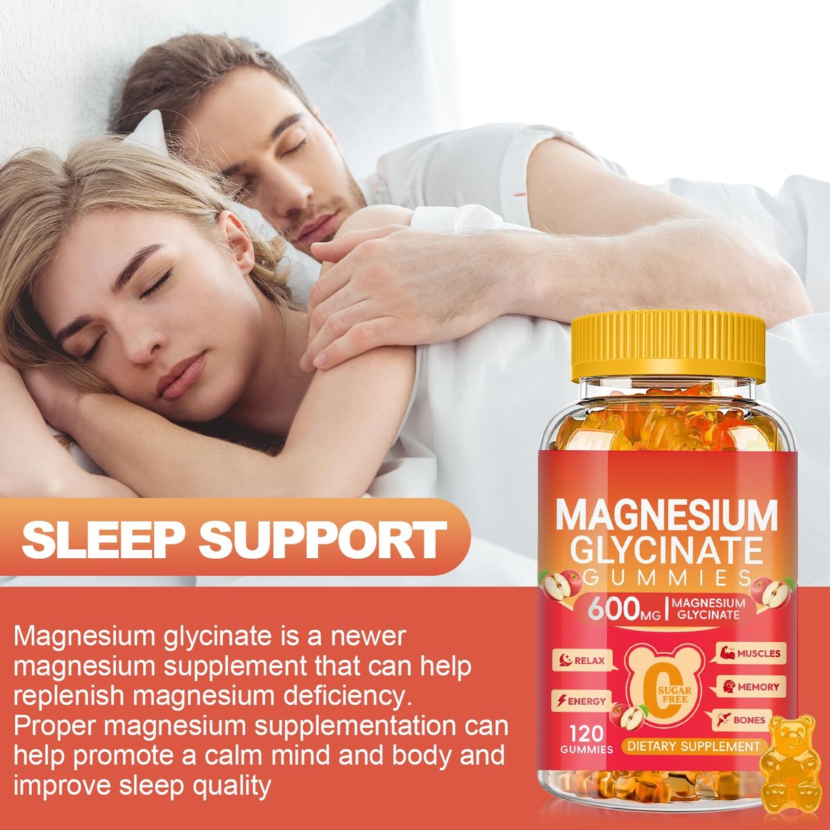Magnesium Glycinate Gummies 600mg, Zuckerfrei Apfel – 120 Stück