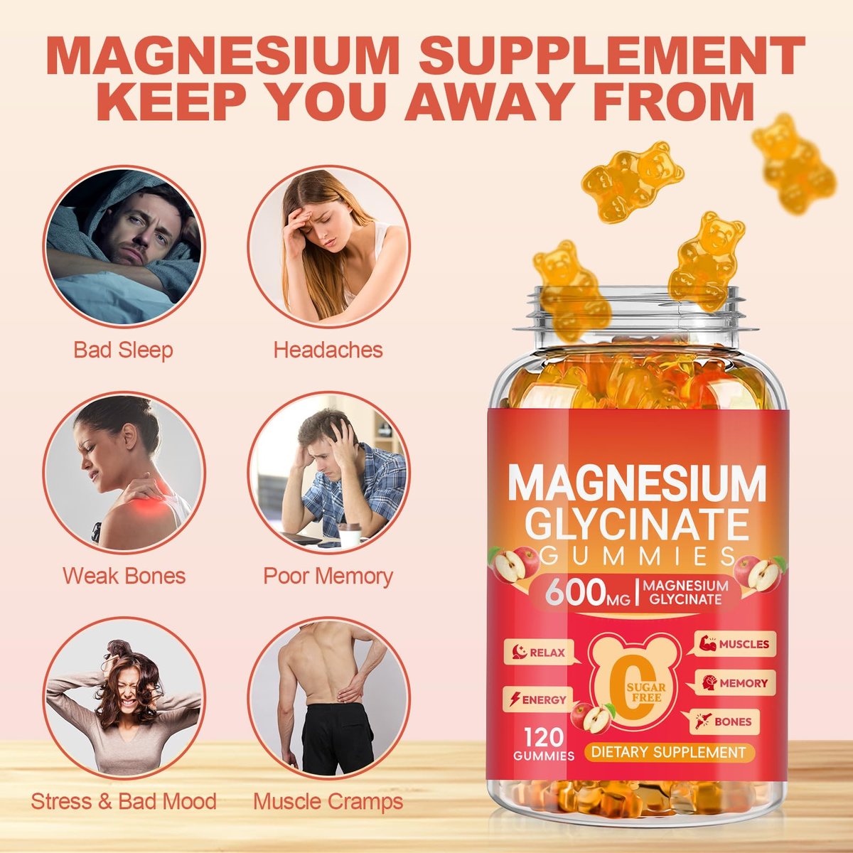 Magnesium Glycinate Gummies 600mg, Zuckerfrei Apfel – 120 Stück