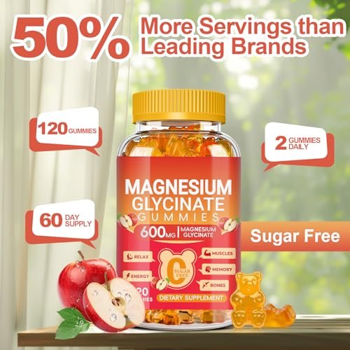 Magnesium Glycinate Gummies 600mg, Zuckerfrei Apfel – 120 Stück