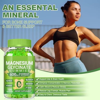 Magnesium Glycinat Gummis 600mg für Frauen und Männer – Hoch absorbierbar mit Vitamin D, B6 und CoQ10 für Ruhe & Schlaf, Zuckerfrei, Vegan, 60-Tage-Vorrat