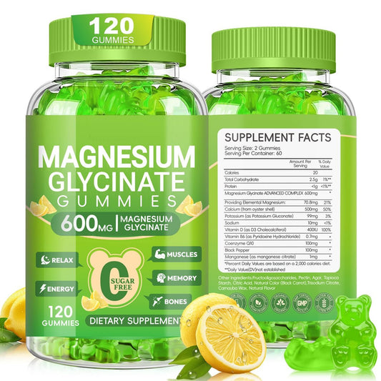 Magnesium Glycinat Gummis 600mg für Frauen und Männer – Hoch absorbierbar mit Vitamin D, B6 und CoQ10 für Ruhe & Schlaf, Zuckerfrei, Vegan, 60-Tage-Vorrat