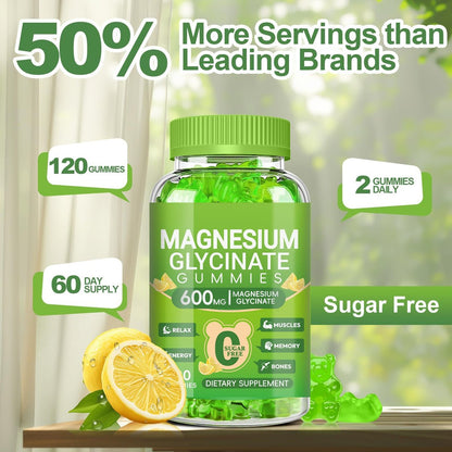 Magnesium Glycinat Gummis 600mg für Frauen und Männer – Hoch absorbierbar mit Vitamin D, B6 und CoQ10 für Ruhe & Schlaf, Zuckerfrei, Vegan, 60-Tage-Vorrat