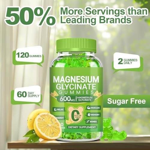 Magnesium Glycinat Gummis 600mg für Frauen und Männer – Hoch absorbierbar mit Vitamin D, B6 und CoQ10 für Ruhe & Schlaf, Zuckerfrei, Vegan, 60-Tage-Vorrat