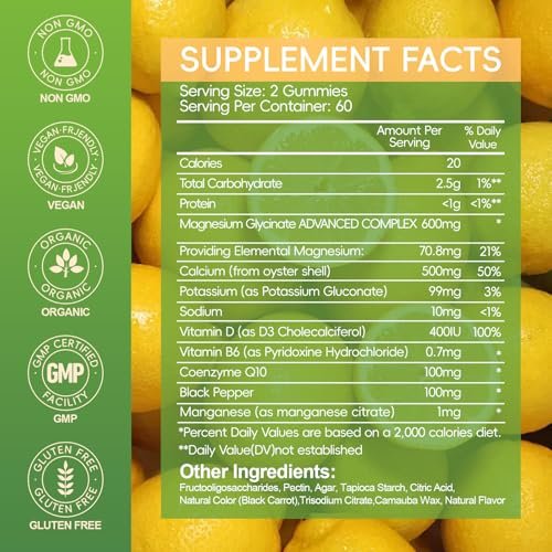 Magnesium Glycinat Gummis 600mg für Frauen und Männer – Hoch absorbierbar mit Vitamin D, B6 und CoQ10 für Ruhe & Schlaf, Zuckerfrei, Vegan, 60-Tage-Vorrat
