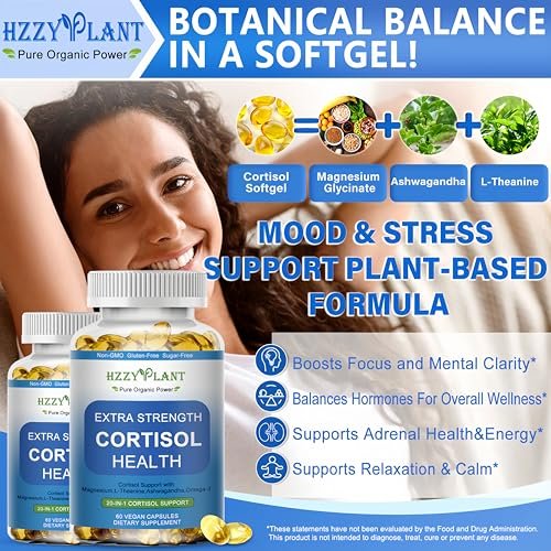 Cortisol Supplements für Frauen und Männer – Softgels mit Phosphatidylserin, Magnesium, Ashwagandha, L-Theanin – Hochabsorbierbare Kortisol-Detox-Kapseln für Entspannung, Stressabbau und besseren Schlaf – Non-GMO, 60 Portionen