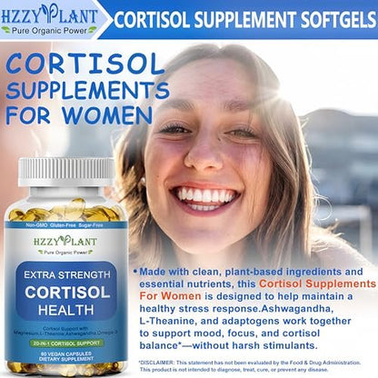 Cortisol Supplements für Frauen und Männer – Softgels mit Phosphatidylserin, Magnesium, Ashwagandha, L-Theanin – Hochabsorbierbare Kortisol-Detox-Kapseln für Entspannung, Stressabbau und besseren Schlaf – Non-GMO, 60 Portionen