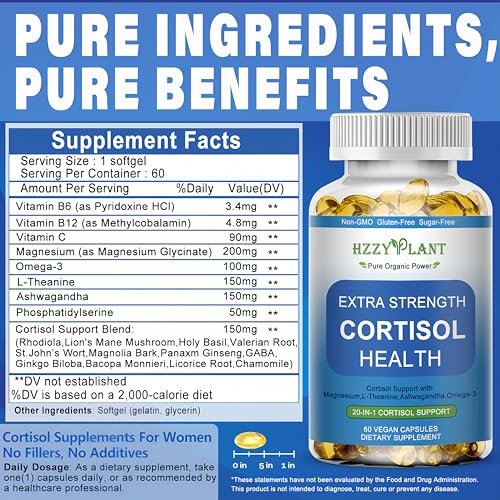 Cortisol Supplements für Frauen und Männer – Softgels mit Phosphatidylserin, Magnesium, Ashwagandha, L-Theanin – Hochabsorbierbare Kortisol-Detox-Kapseln für Entspannung, Stressabbau und besseren Schlaf – Non-GMO, 60 Portionen