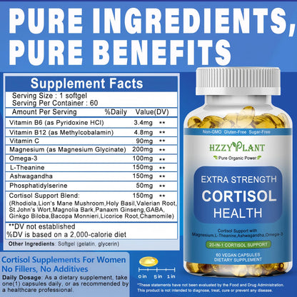 Cortisol Supplements für Frauen und Männer – Softgels mit Phosphatidylserin, Magnesium, Ashwagandha, L-Theanin – Hochabsorbierbare Kortisol-Detox-Kapseln für Entspannung, Stressabbau und besseren Schlaf – Non-GMO, 60 Portionen