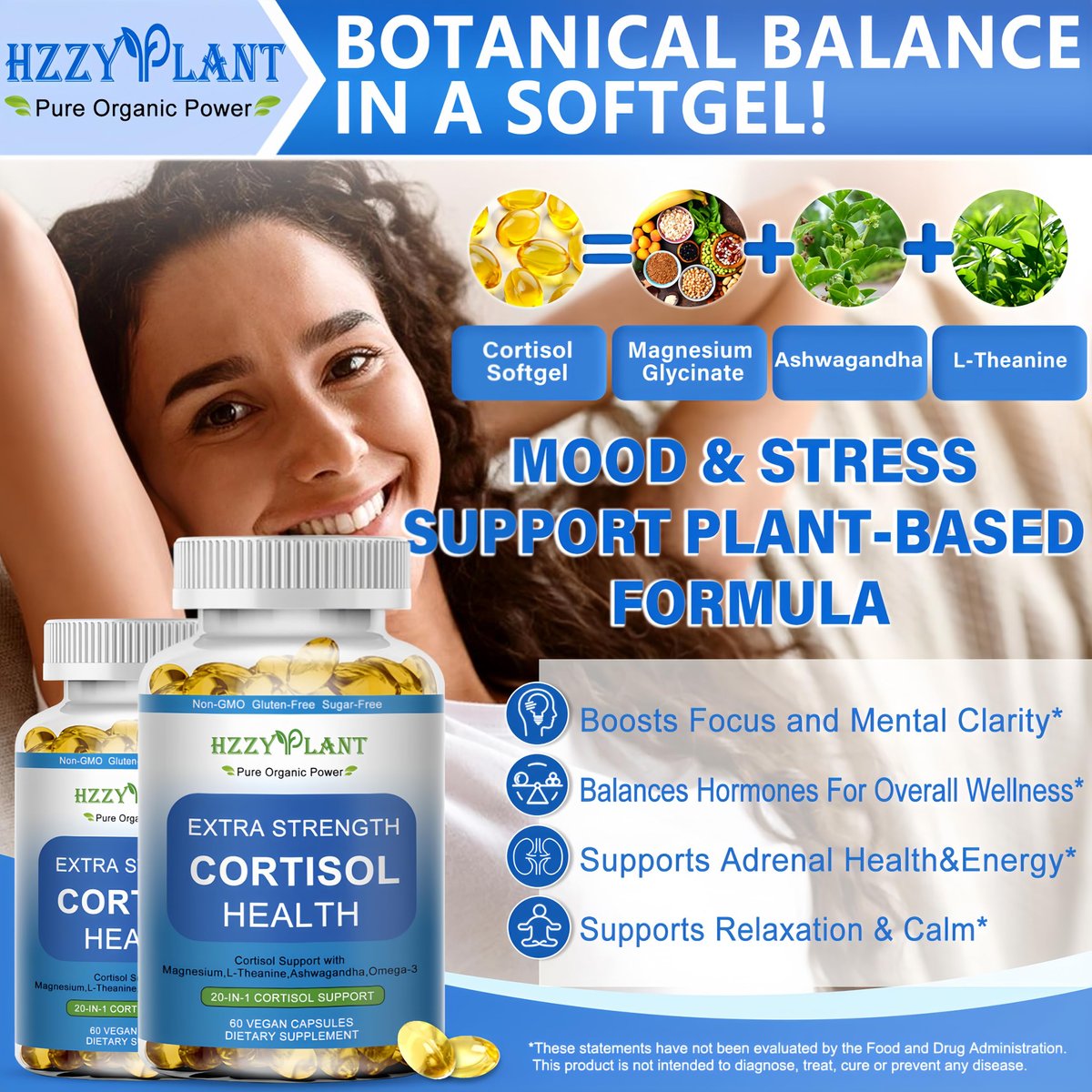Cortisol Supplements für Frauen und Männer – Softgels mit Phosphatidylserin, Magnesium, Ashwagandha, L-Theanin – Hochabsorbierbare Kortisol-Detox-Kapseln für Entspannung, Stressabbau und besseren Schlaf – Non-GMO, 60 Portionen